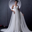V Neck Sleeveless Single Breasted Floor Length Beading Ruffle Chiffon Woman Empire Wedding Dress