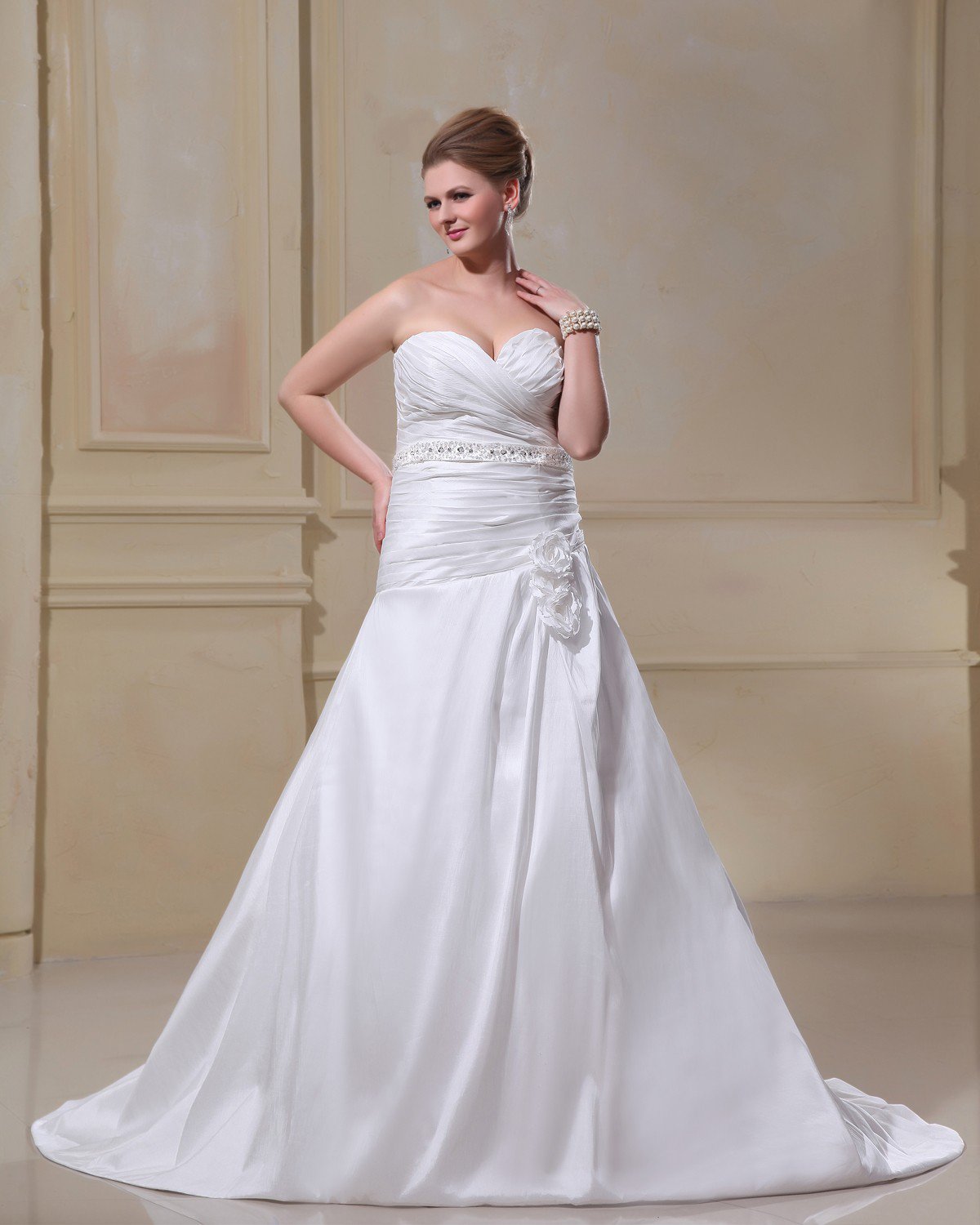 Taffeta Beading Flower Court Plus Size Bridal Gown Wedding Dress