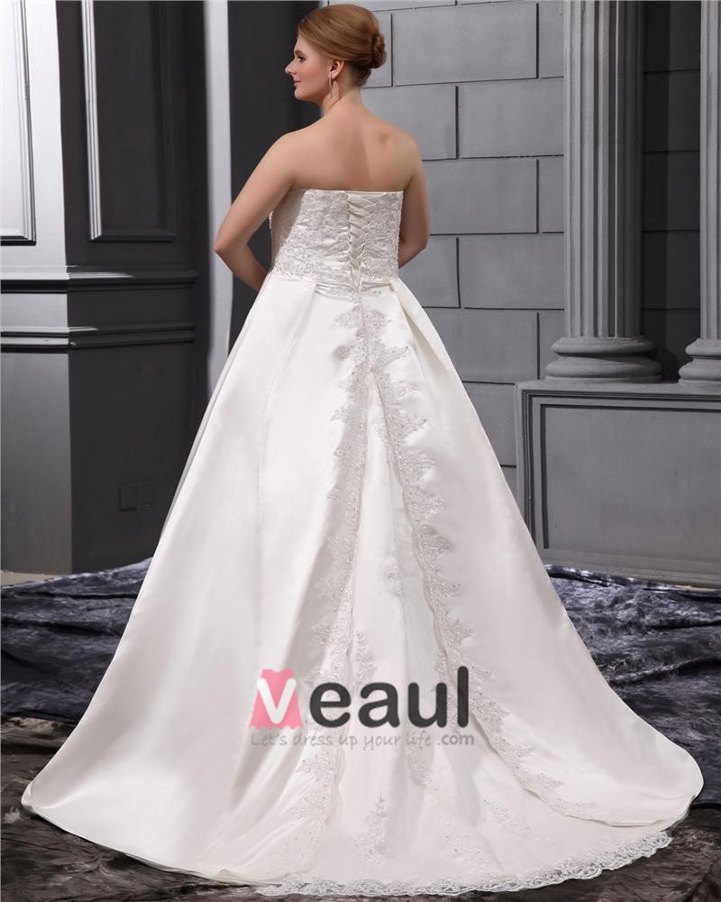 A Line Strapless Sweep Satin Lace Embroidery Bead Plus Size Wedding Dress