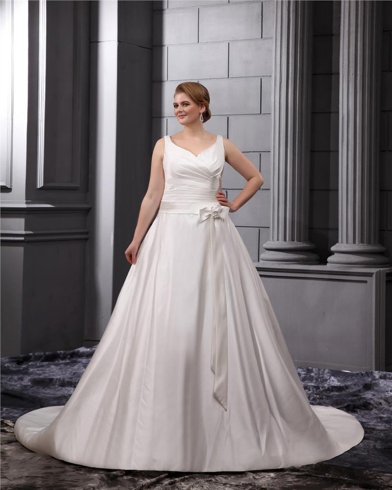 Satin V-Neck Empire Sweep Plus Size Wedding Dresses
