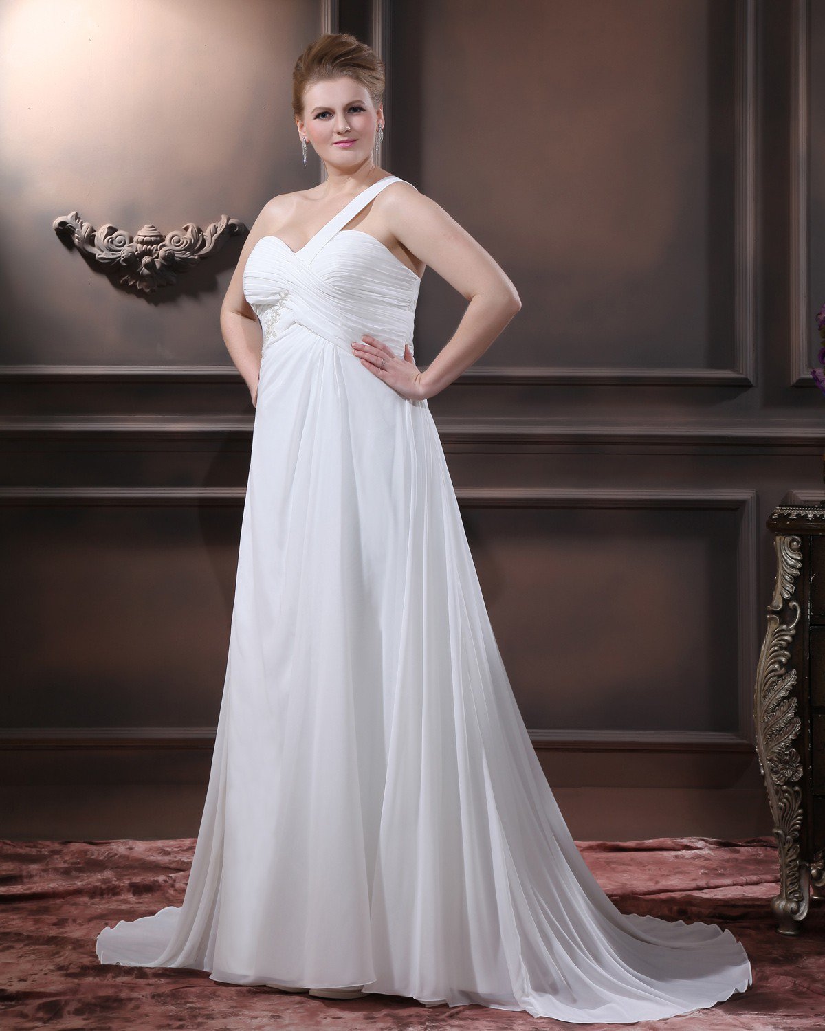 Chiffon Beads One Shoulder Floor Length Plus Size Bridal Gown Wedding Dress