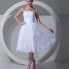 Lace Satin Flower Ruffle Strapless Tea Length Pleated Mini Wedding Dress
