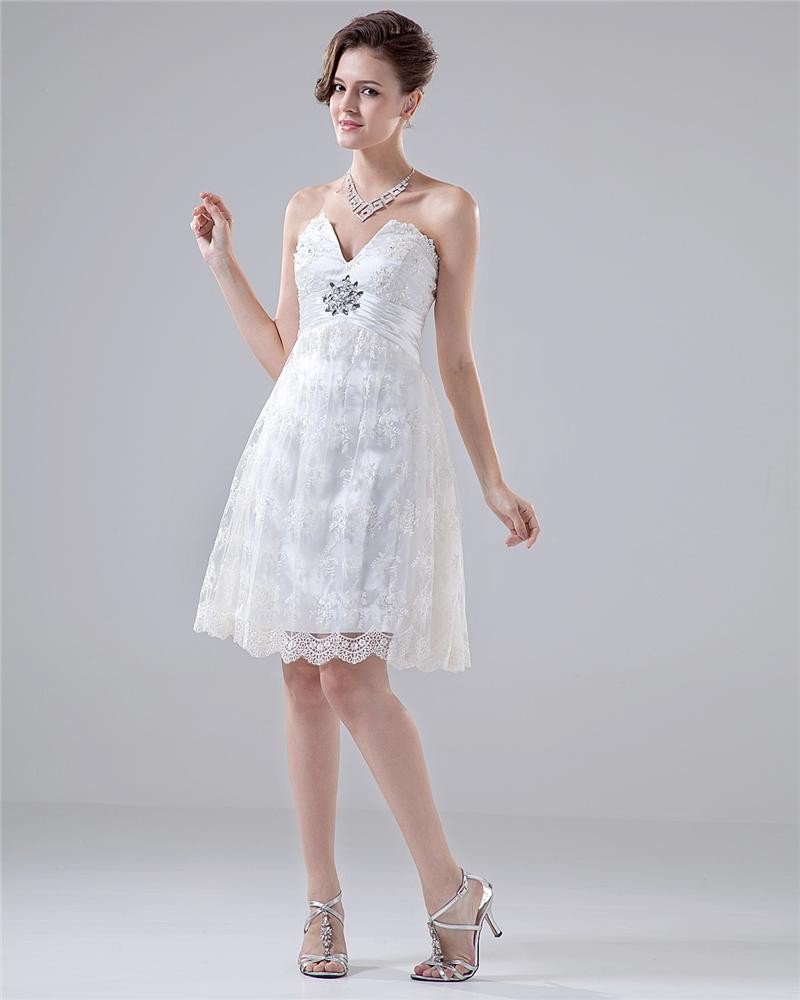 V Neck Stain Beading Ruffles Lace Knee High Wedding Dress