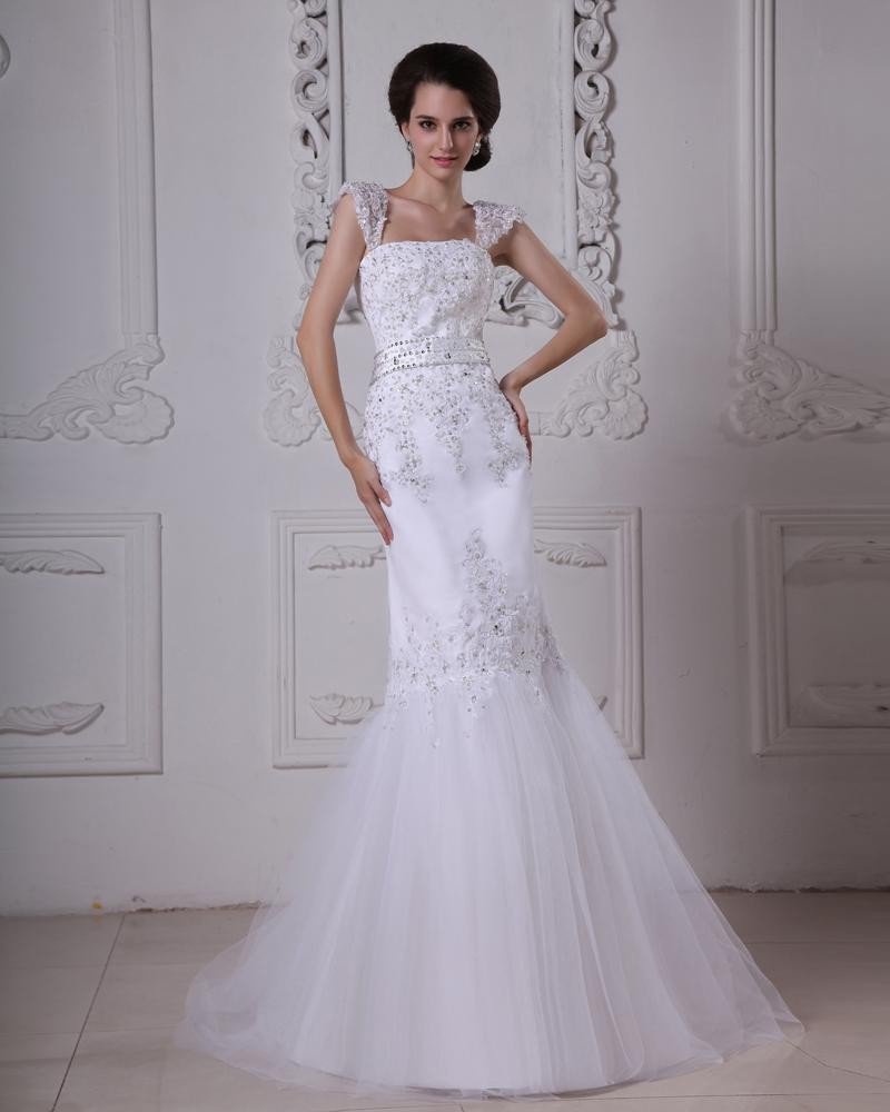 Stylish Sweep Satin Lace Square Mermaid Wedding Dress
