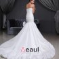 Taffeta Pleated Applique Sweetheart Cathedral Train Mermaid Wedding Dress