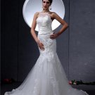 Satin Lace Round Neck Chapel Mermaid Bridal Gown Wedding Dress