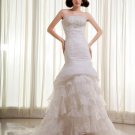 Organza Lace Beading Ruffles Strapless Chapel Train Mermaid Wedding Dress