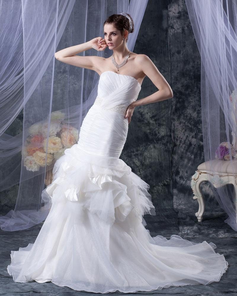 Beading Ruffles Yarn Satin Sweetheart Cathedral Train Mermaid Wedding Dresses