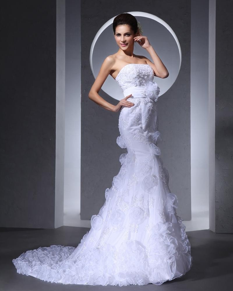 Elegant Tulle Ruffles Strapless Chapel Train Bridal Mermaid Wedding Dress
