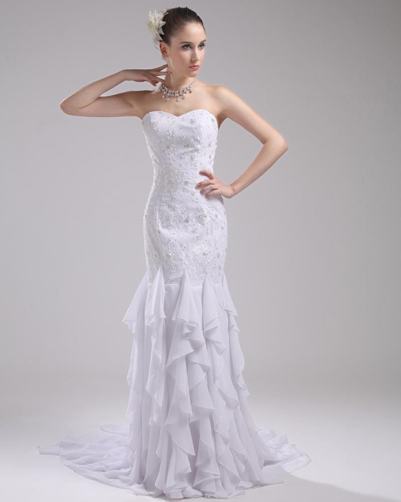 Fashion Chiffon Imitation Silk Ruffle Beading Sweetheart Floor Length Mermaid Wedding Dress