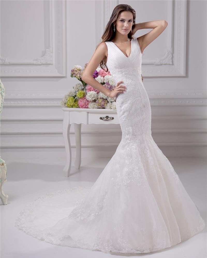 V Neckline Floor Length Lace Satin Women Mermaid Wedding Dress
