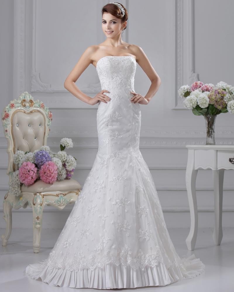 Lace Strapless Beading Applique Court Mermaid Bridal Gown Wedding Dresses