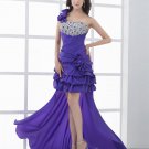 Asymetrical Length One Shoulder Flower Beading Pleated Taffeta High Low Prom Cocktail Dress