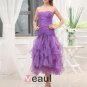 Tea Length Strapless Neckline Sleeveless Pleated Ruffles Organza Woman Prom Cocktail Dress