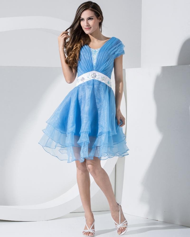 Stylish Organza Satin Silk V Collar Ruffle Back Zipper Beading Belt Knee Length Sleeveless Tiered Co