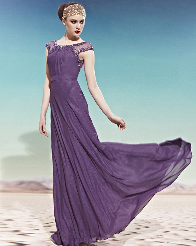 Bateau Beading Ruffle Sleeveless Zipper Floor Length Chiffon Woman Evening Dress