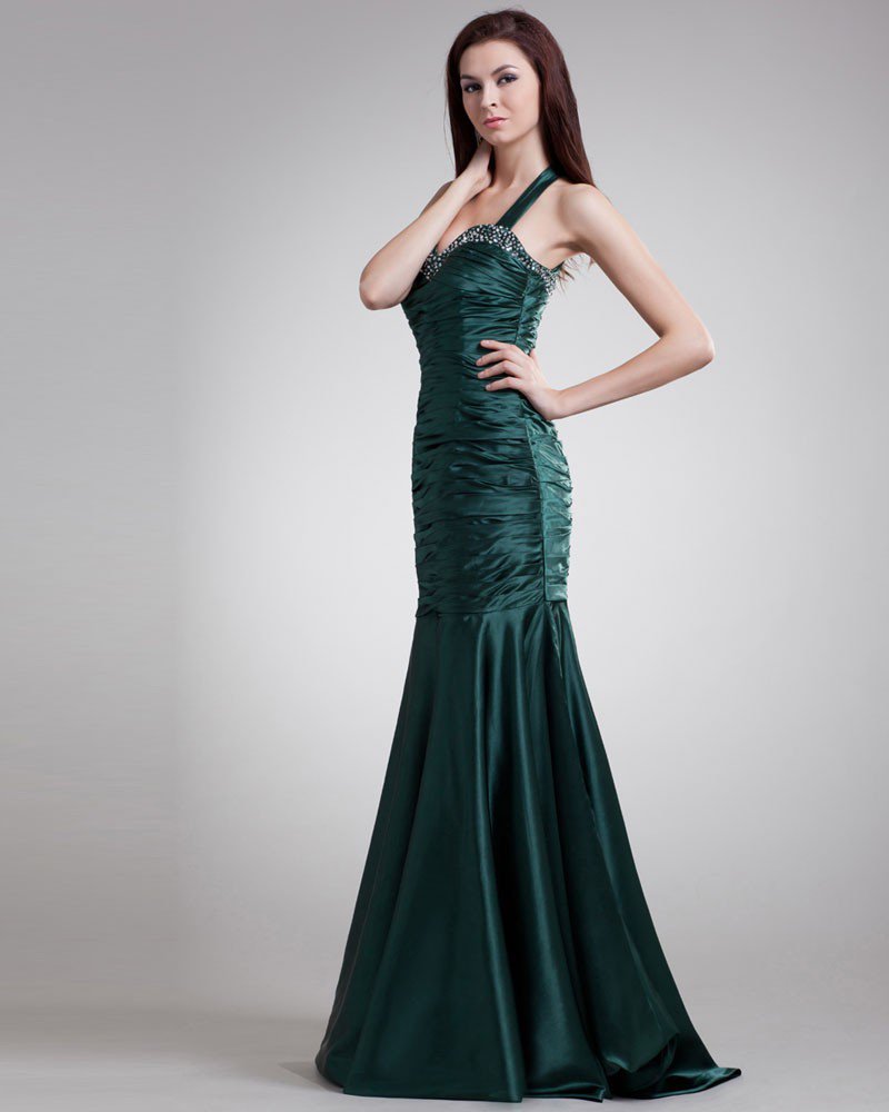 Shoulder Straps Floor Length Pleated Beading Charmeuse Evening Dress