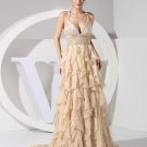 Chiffon Spaghetti Straps Beading Sleeveless Backless Court Train Tiered Celebrity Dress