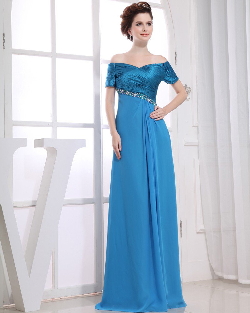 Strapless Short Sleeve Zipper Floor Length Beading Pleated Woman Evening Dresses