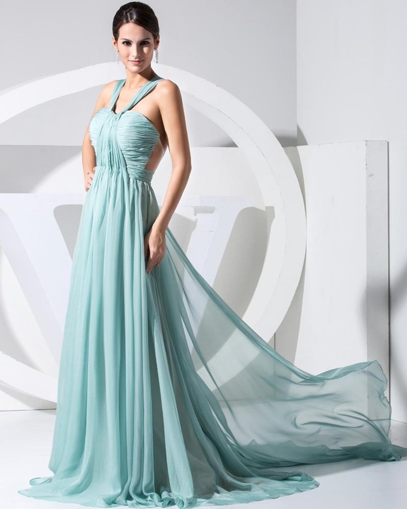 Chiffon Silk Pleated Halter Neck Floor Length Celebrity Dress