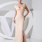 Fashion Chiffon Charmeuse Satin Pleated Slim Court Train V-Neck Short Sleeve Women Evening Dress