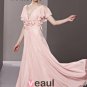 V Neck Flower Ruffle Short Sleeve Zipper Floor Length Chiffon Woman Evening Dress