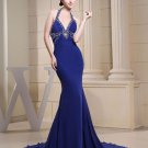 Fashion Chiffon Charmeuse Silk Beaded Halter V Neck Court Train Sleeveless Women Evening Dress