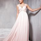 Beaded Ruffle Imitated Silk Chiffon Charmeuse V Neck Floor Length Evening Dresses