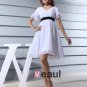Fashion Chiffon Satin Silk Pleated V Neck Short Sleeve Thigh Length Graduation Dress