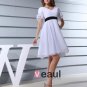 Fashion Chiffon Satin Silk Pleated V Neck Short Sleeve Thigh Length Graduation Dress