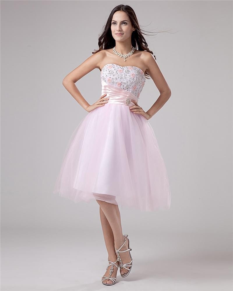 Organza Pleated Beading Strapless Knee Length Graduation Dresses