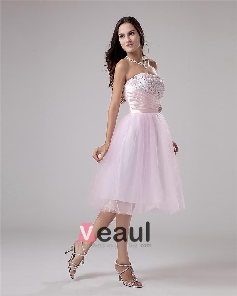 Organza Pleated Beading Strapless Knee Length Graduation Dresses 