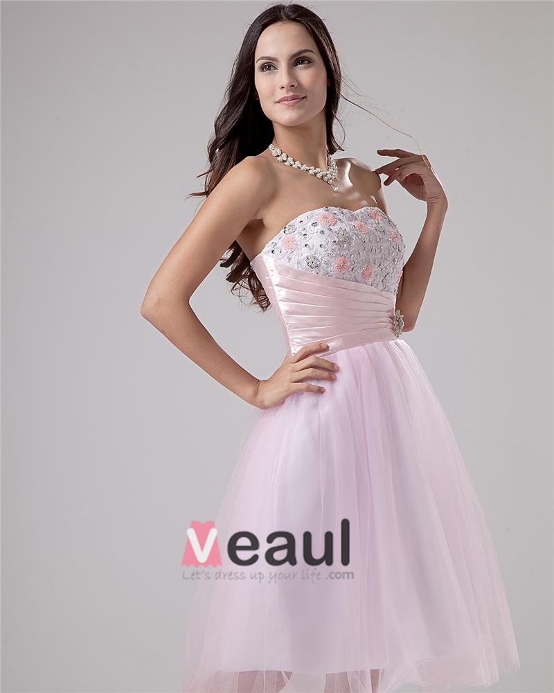 Organza Pleated Beading Strapless Knee Length Graduation Dresses