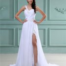 Sloping Chiffon Satin Pleated Floor Length Prom Dresses