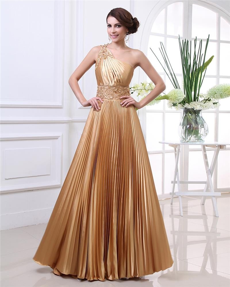 Empire One-Shoulder Sweep Floor Length Satin Prom Dress