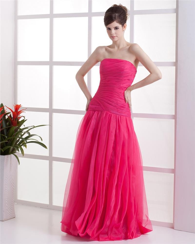 Strapless Ruffle Sleeveless Zipper Floor Length Organza Woman Prom Dress