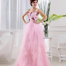 Satin Gauze Sequins Flower Sweetheart Sleeveless Backless Floor Length Tiered Prom Dress