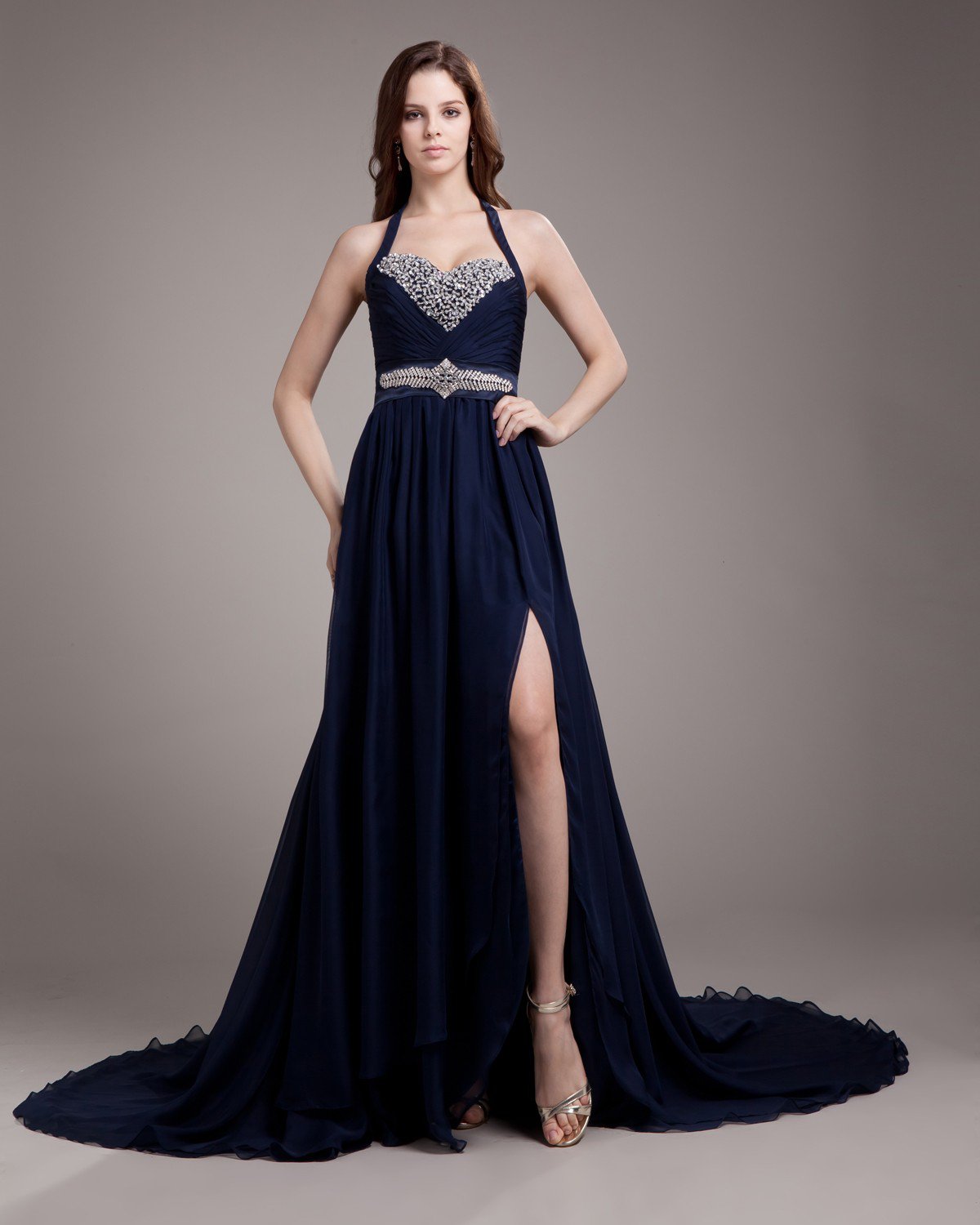 Halter Pleated Beading Floor Length Chiffon Woman Prom Dress