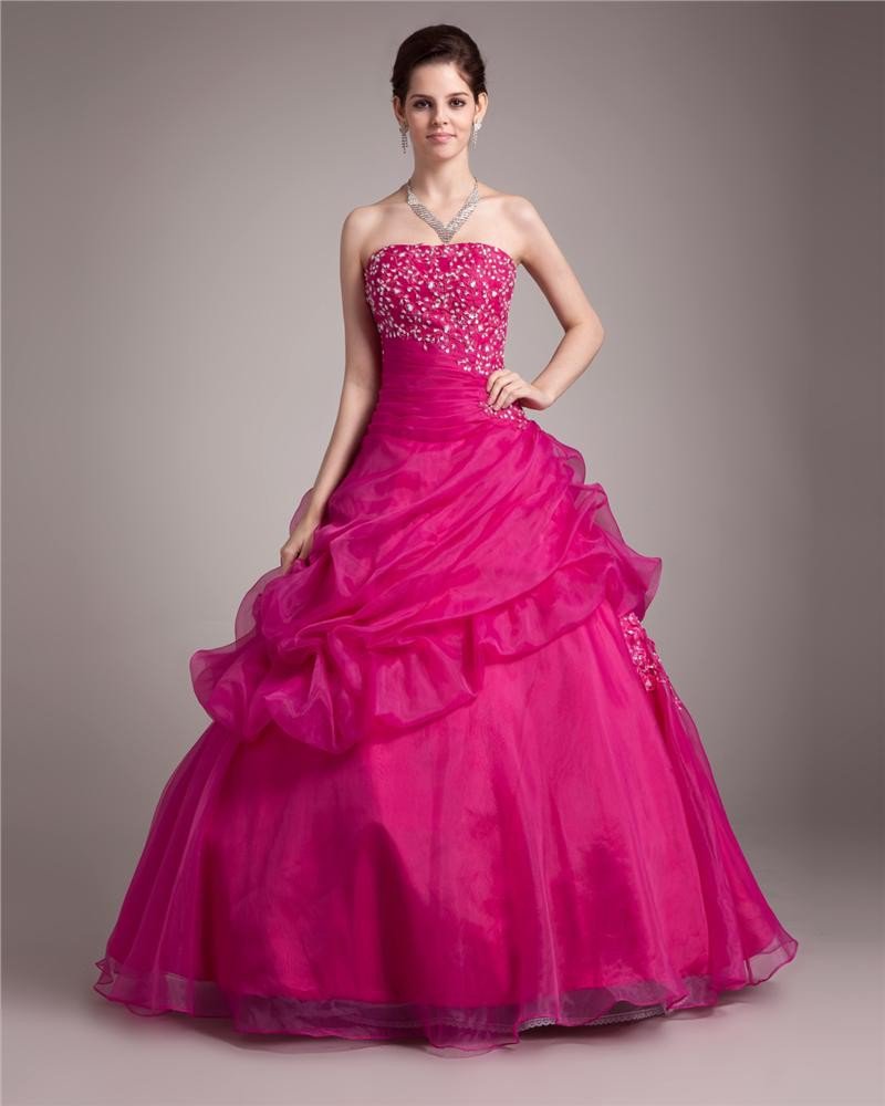 Ball Gown Strapless Floor Length Pleated Beading Satin Lace Women Quinceanera Prom Dress