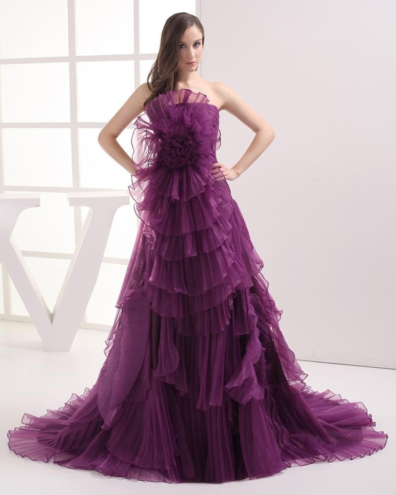 Fashion Organza Satin Flower Pleated Strapless Floor Length Celebrity Prom Dress