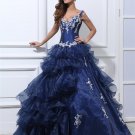 Ball Gown Organza Taffeta Ruffle Beading Applique V Neck Floor Length Quinceanera Prom Dresses