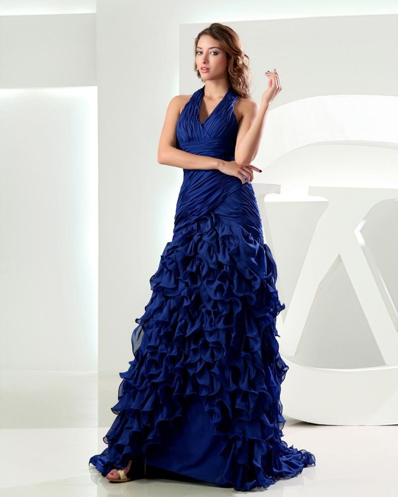 Halter Pleated Lotus Leaf Hem Sleeveless Zipper Floor Length Chiffon Woman Prom Dress