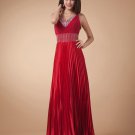 V Neck Beading Ruffle Floor Length Satin Prom Dresses