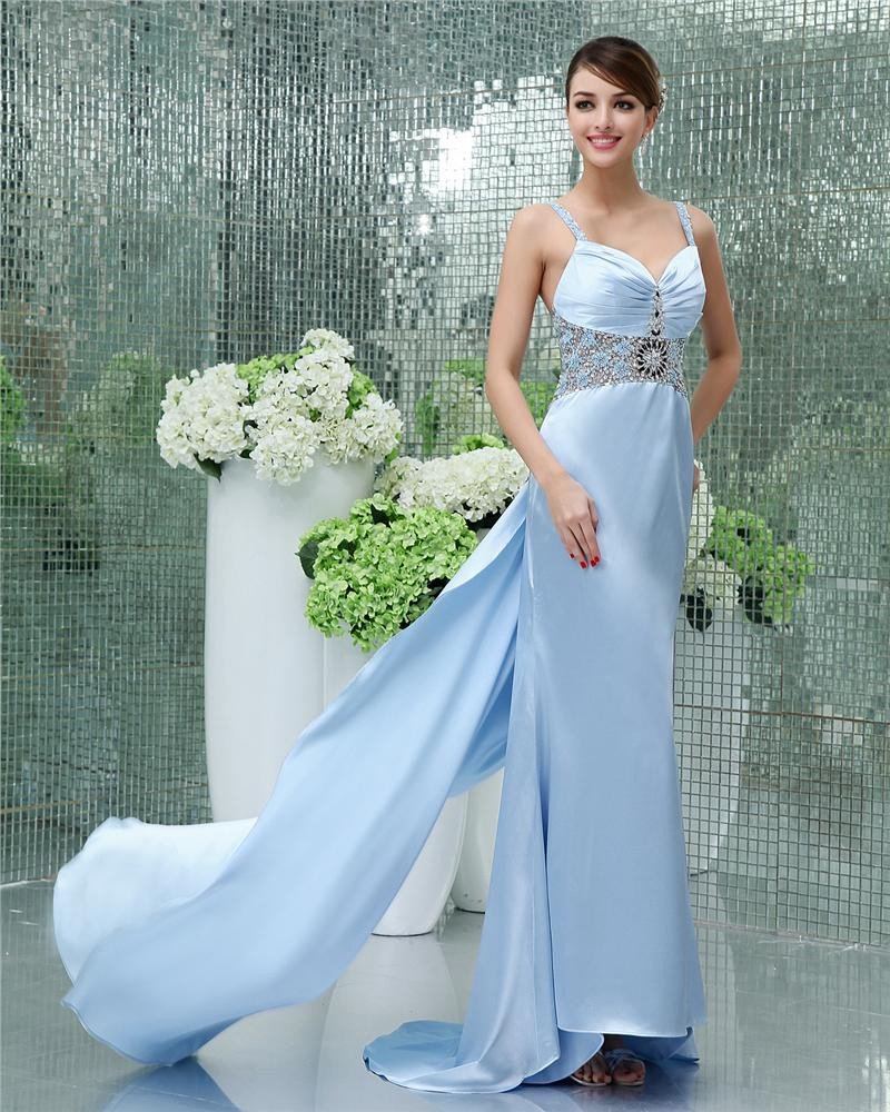 Satin Beaded V Neck Floor Length Prom Dresses