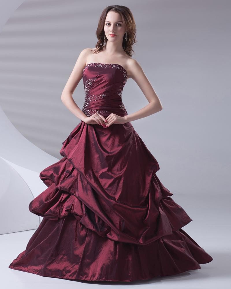 Ball Gown Beading Ruffle Strapless Floor Length Taffeta Women Quinceanera Prom Dress 3370