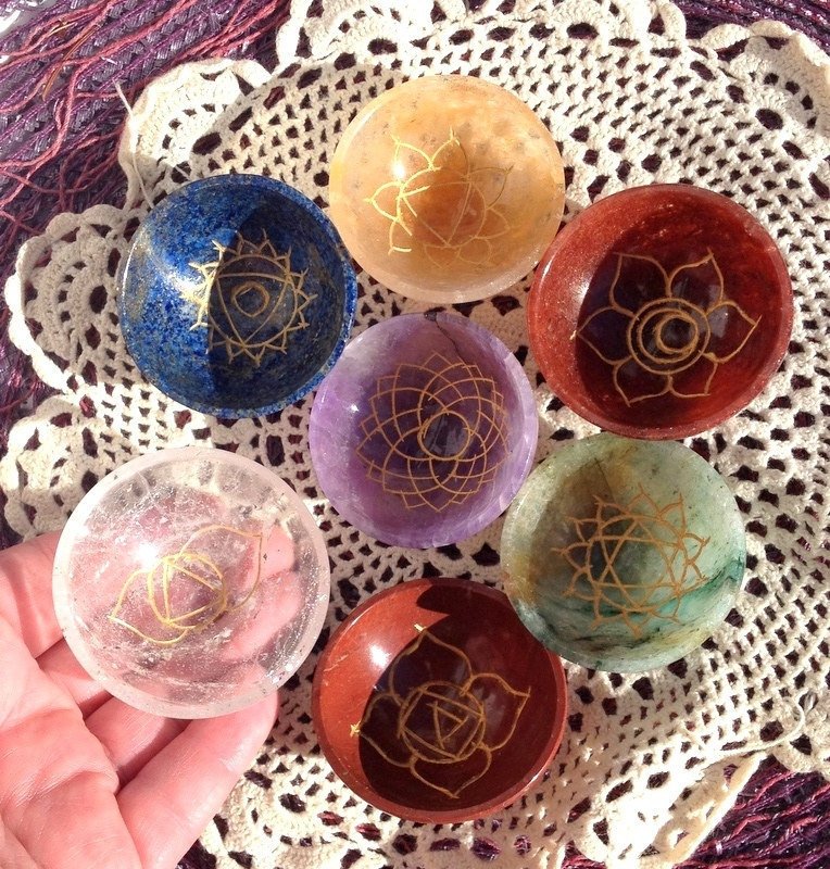 Chakra Bowls Crystal healing 7 Gemstone Symbol Bowl Set Lapis Amethyst