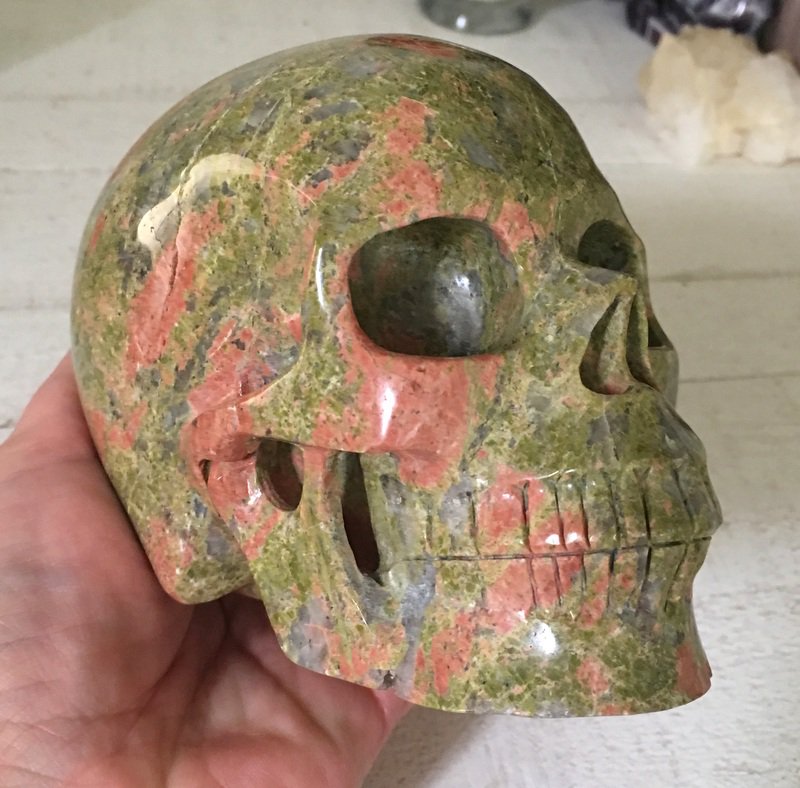 5.1" Large Unakite Quartz Jasper Crystal Skull New Beginnings Past Life Work Cut Karmic Ties