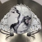 Wearable Art Jewelry Glitter Cameo Cuff Bracelet White Filigree Deco Woman w/ Butterfly, Rebirth