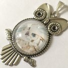 White Owl Art Cameo pendant Silver Owl Setting handpainted Jewelry Glitter accents
