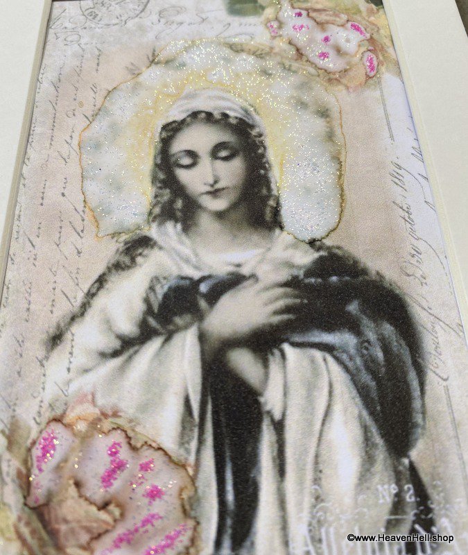 5x7 Religious Wall Art Virgin Mary Print Our Lady of Sorrows Pink Roses Glitter Accents